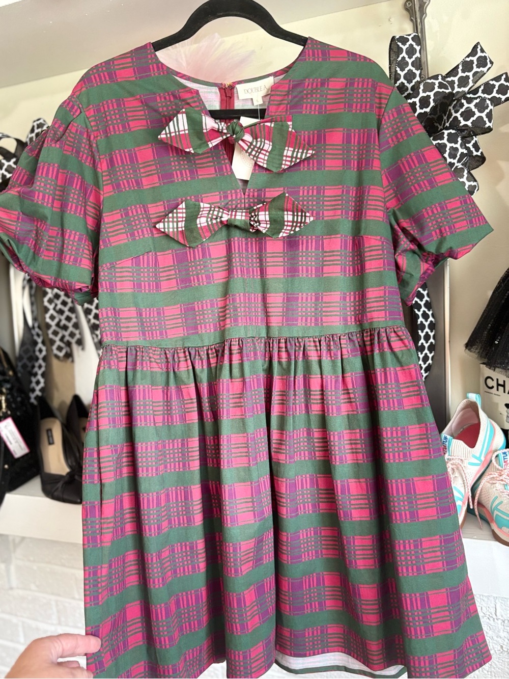 Plaid Short-Sleeve Casual Dress with Bow Detail in Pink and Green